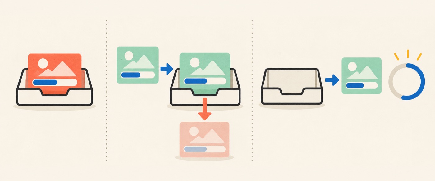 Three stages show an older pending snapshot, a newer snapshot replacing and discarding it, and the consumer taking the newest snapshot from the now-empty slot.
