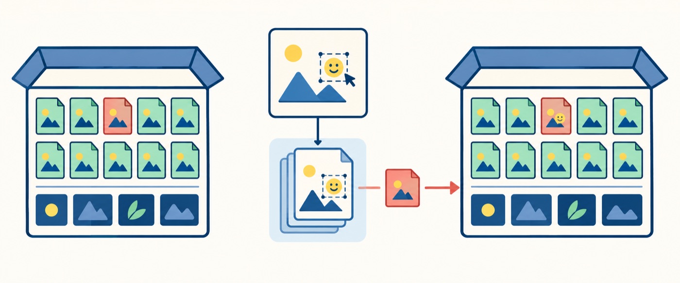 A snapshot carries one edited page into a document package; surrounding page files and image assets remain unchanged and are reused.