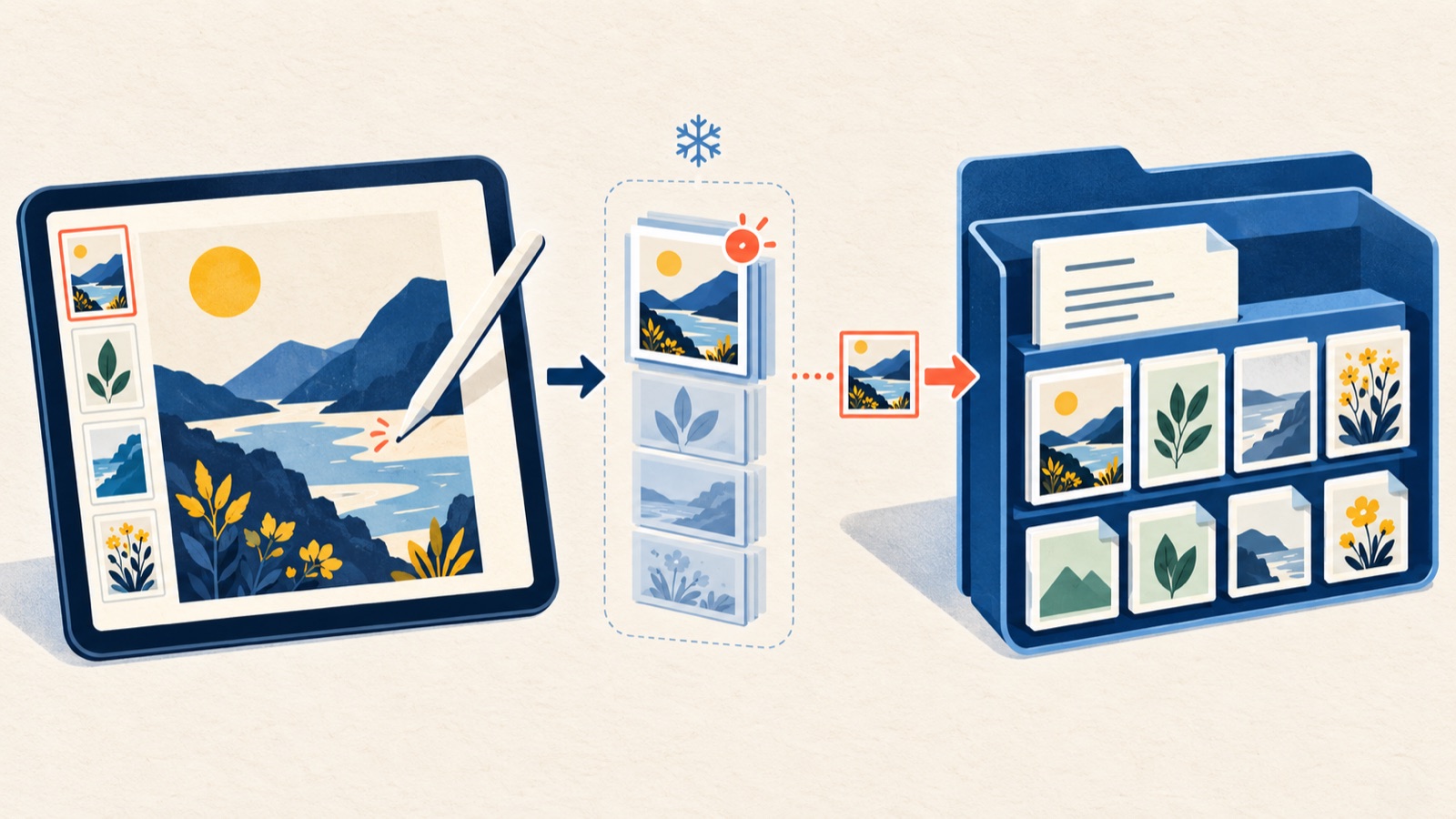 A live drawing editor passes an immutable page snapshot toward a structured document package, with only the changed page highlighted for saving.